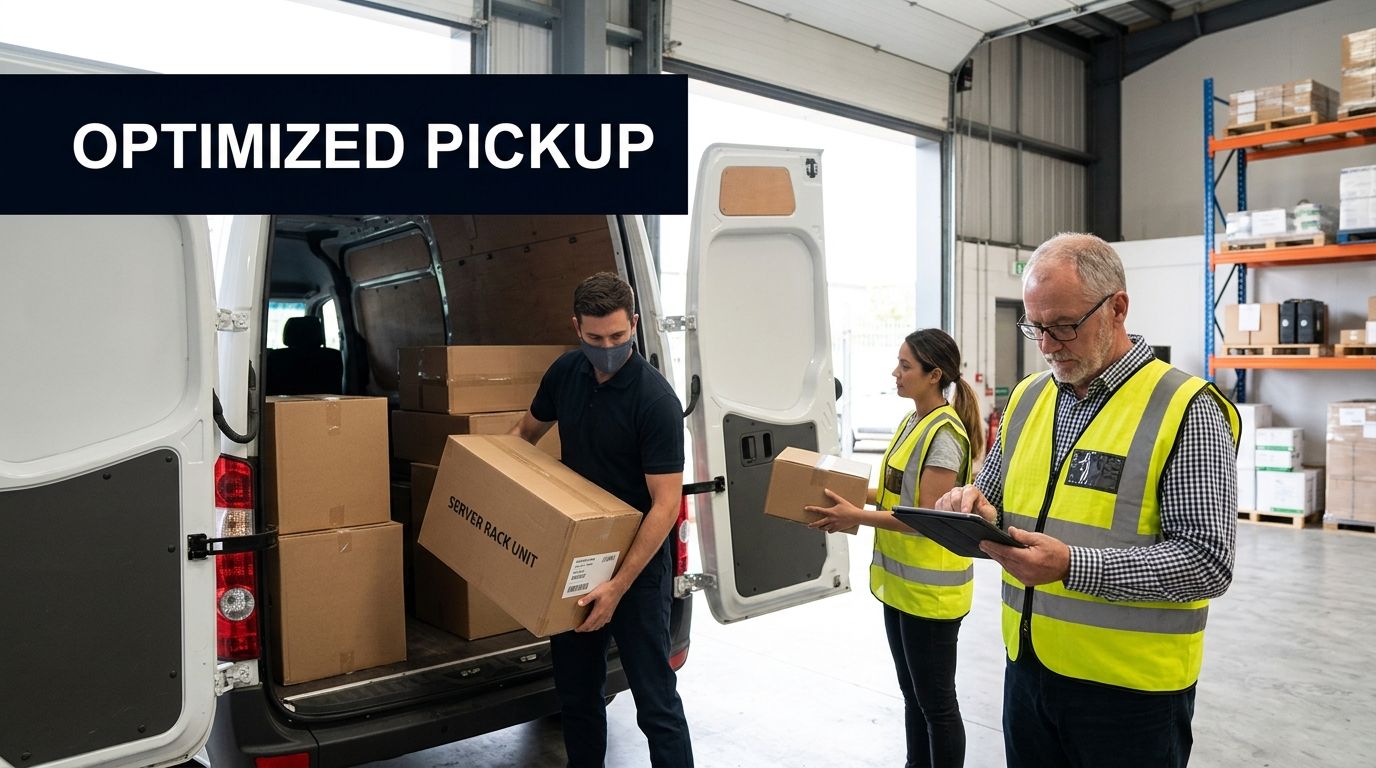 Warehouse workers loading cardboard boxes into a van while using a digital tablet for shipment tracking.