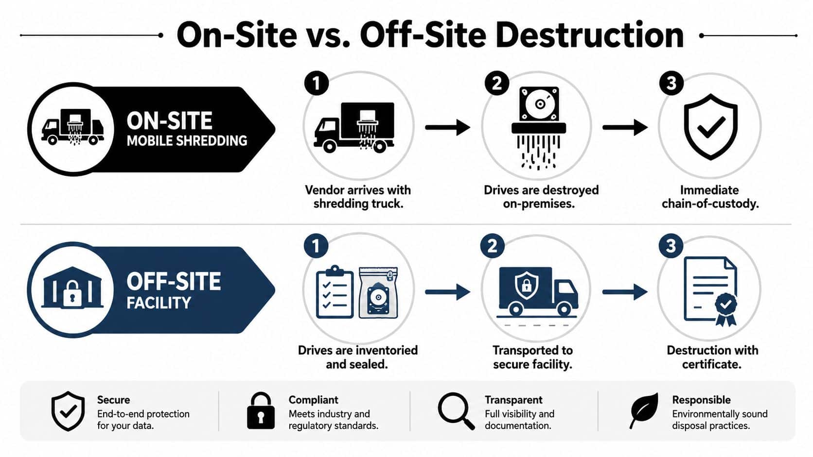 A comparison infographic showing the step-by-step processes for on-site mobile shredding and off-site hard drive destruction.