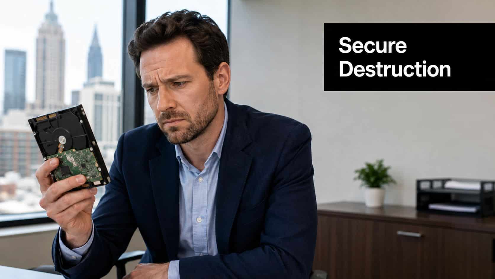 A professional man in a business suit holding a computer hard drive in an office with city view.