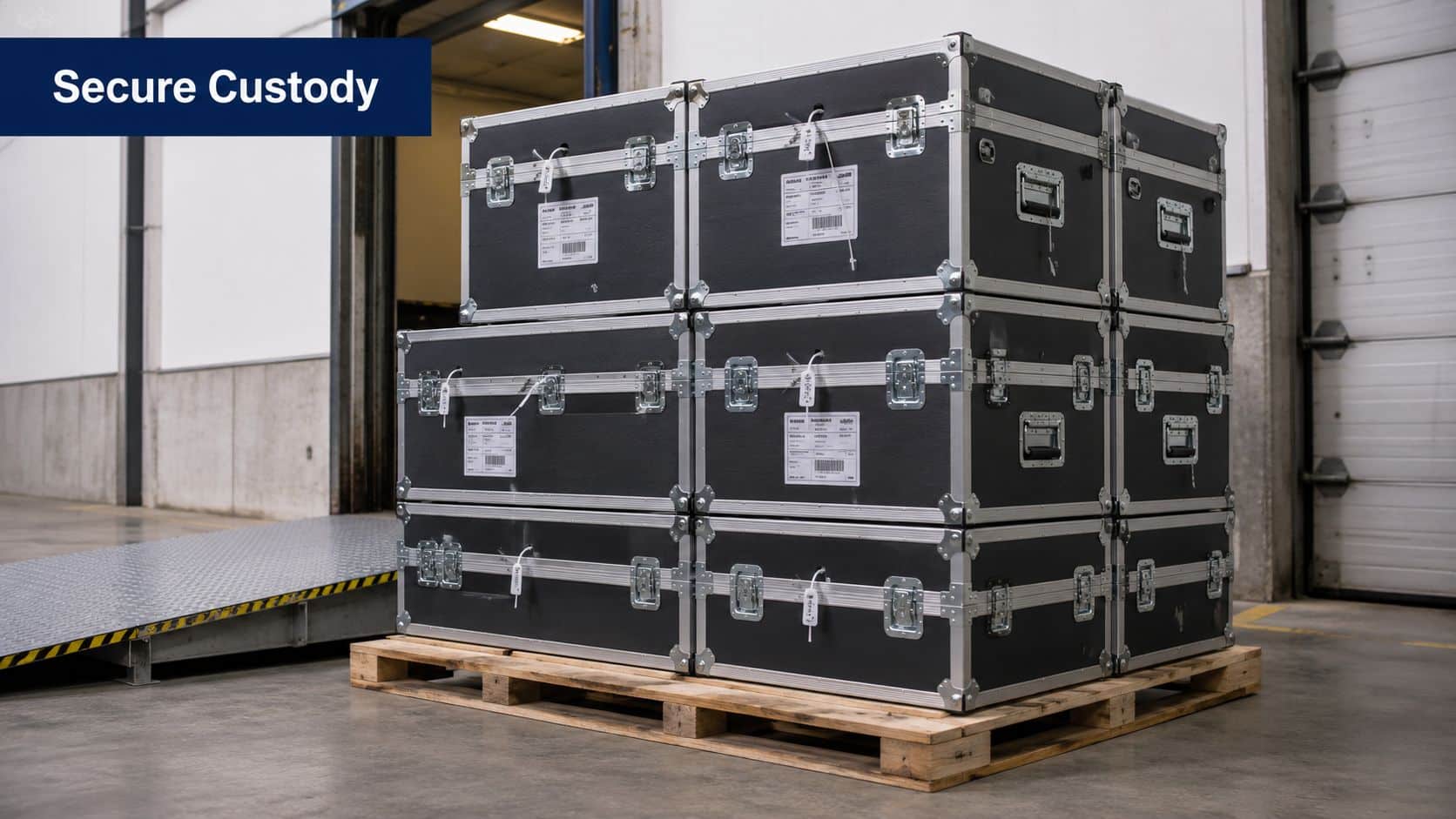 A stack of black flight cases on a wooden pallet inside a secure warehouse facility.