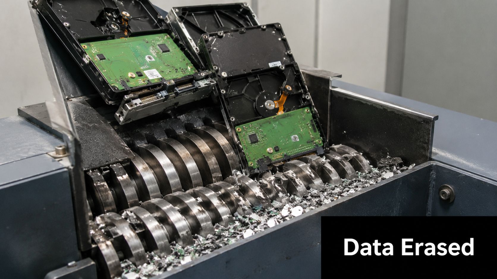 Industrial shredder machine destroying hard drives to ensure complete data security and permanent information destruction