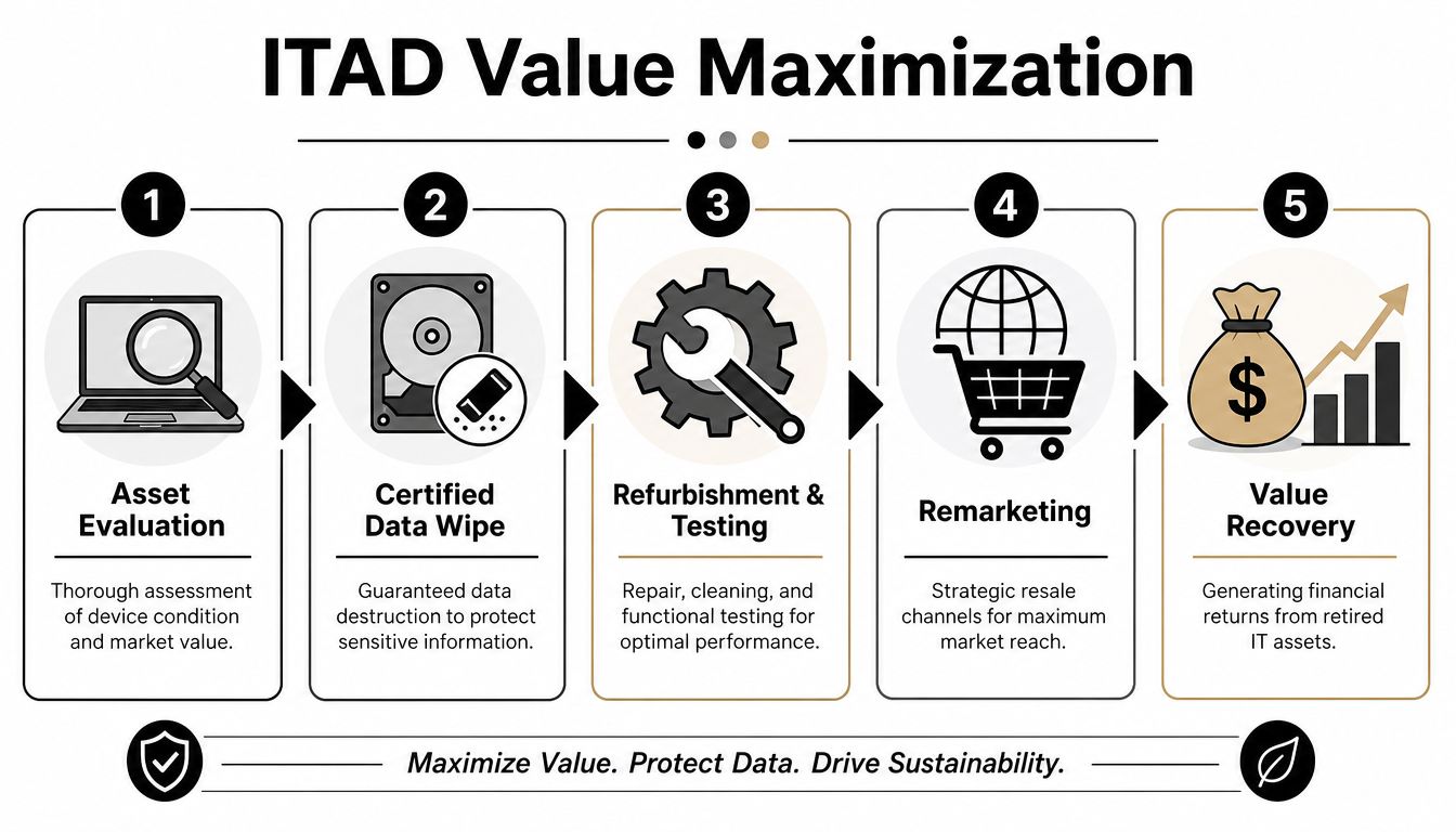 A five-step flowchart showing the ITAD value maximization process for businesses managing retired IT assets.