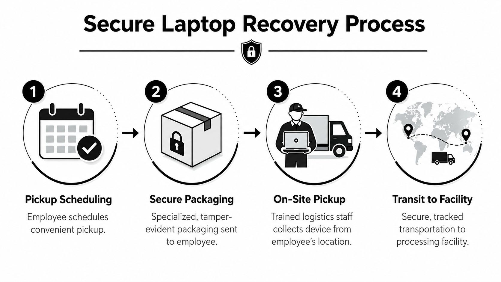 A four-step infographic illustrating the secure laptop recovery process for remote employees, from scheduling to facility transit.