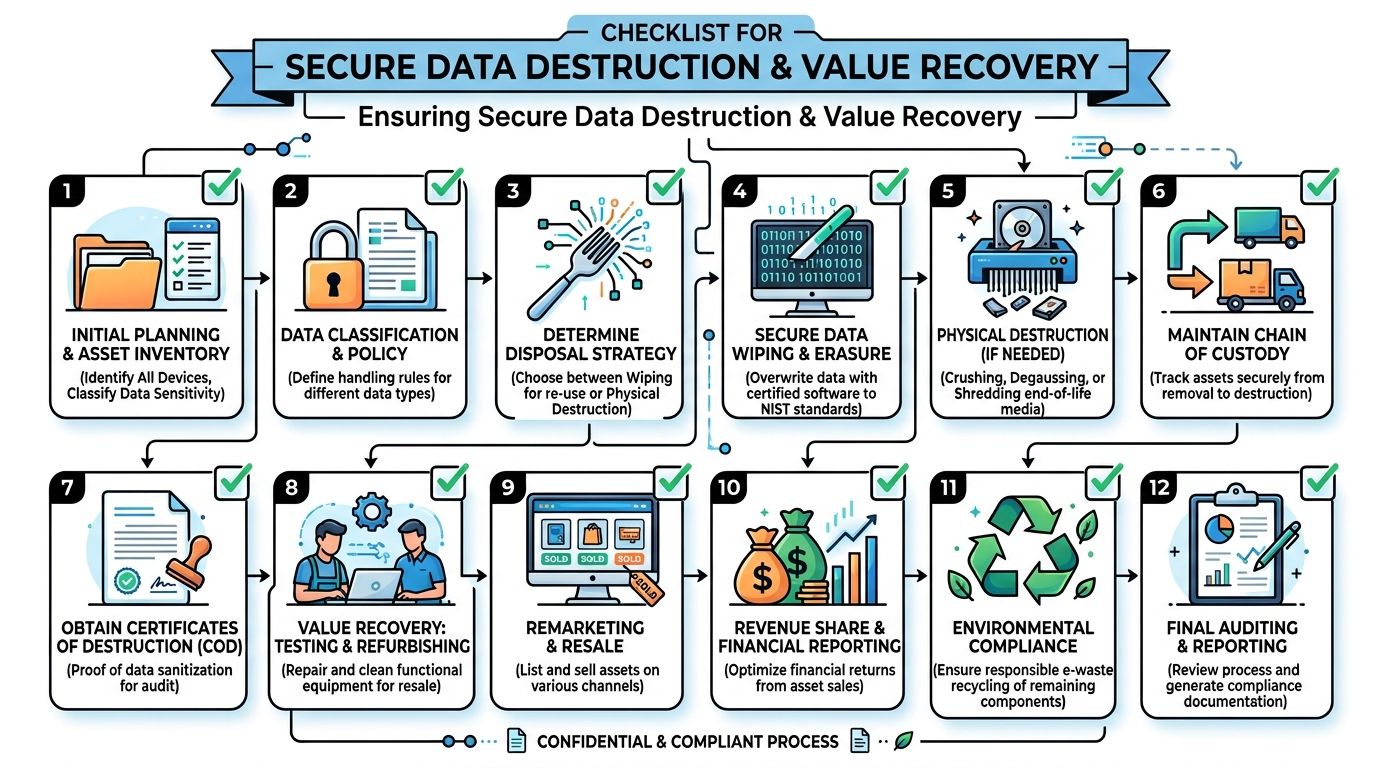 A twelve-step checklist infographic detailing the secure process for data destruction, value recovery, and asset management.