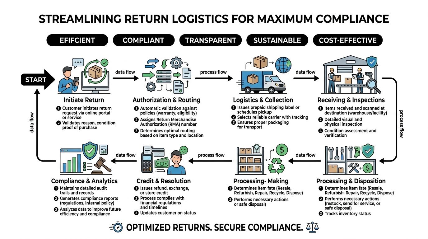A flowchart diagram illustrating the eight steps of a streamlined and compliant product return logistics process.