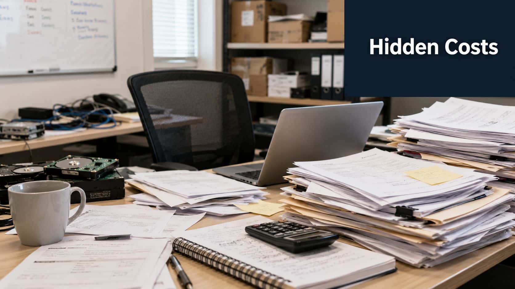 A cluttered office desk with stacks of paper, a laptop, a calculator, and computer hardware components.