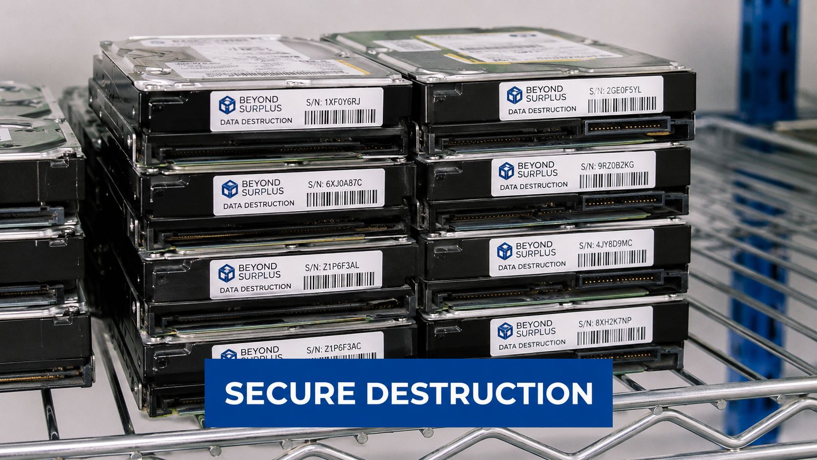 A stack of old hard drives labeled for secure data destruction sitting on a metal warehouse shelf.