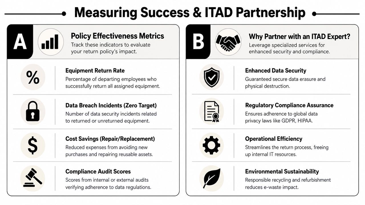 An infographic displaying metrics for employee equipment return policies and the benefits of ITAD partnerships.