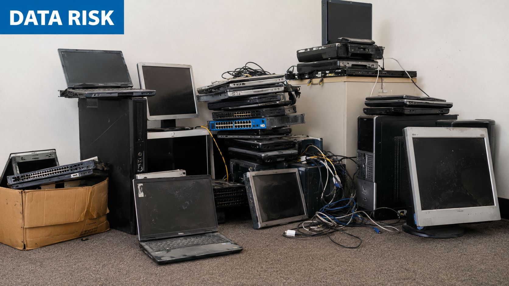 A pile of discarded electronic equipment including old laptops, monitors, and network switches on an office floor.