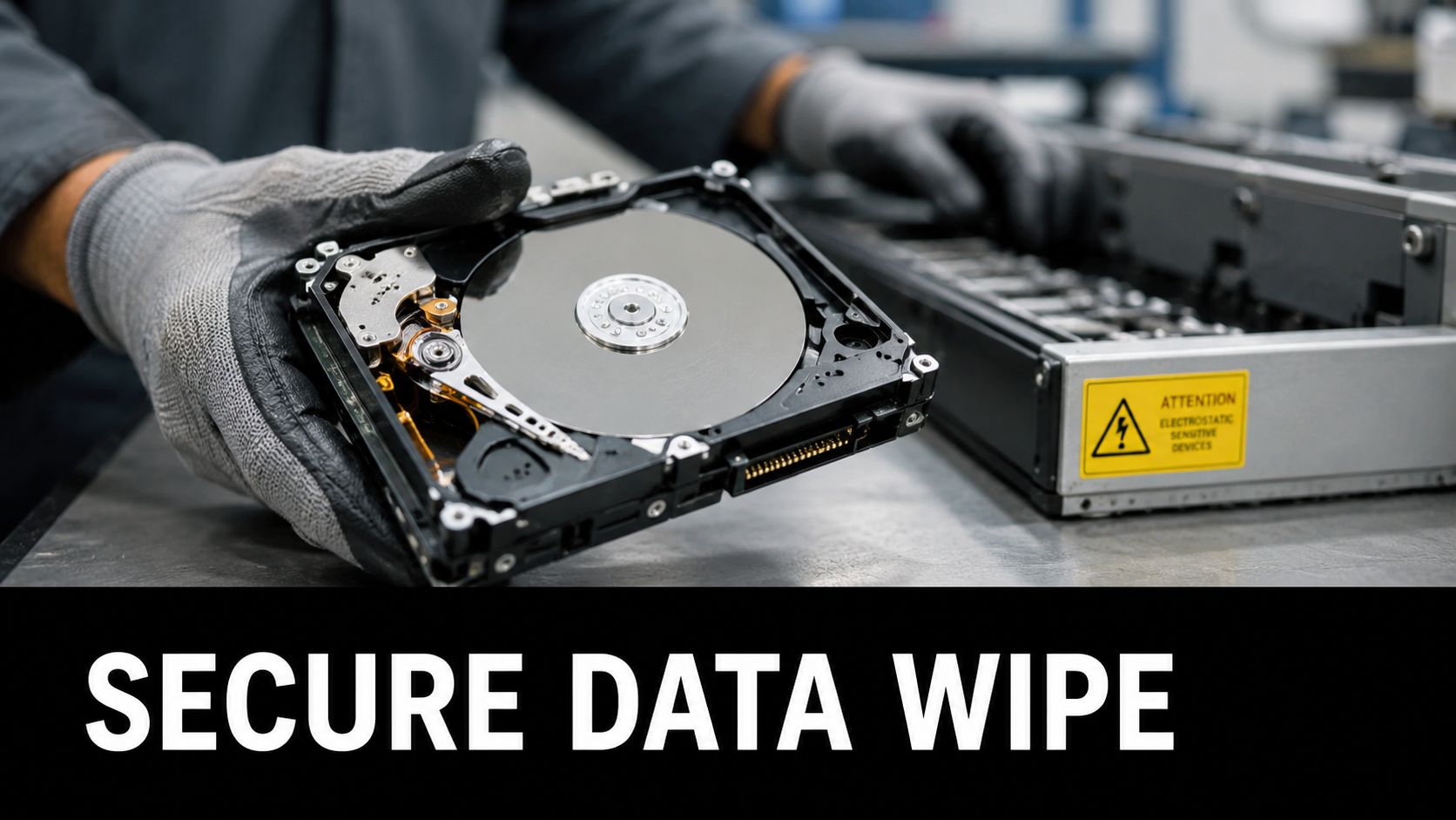 A technician wearing protective gloves handling an open hard drive during a secure data wiping process.