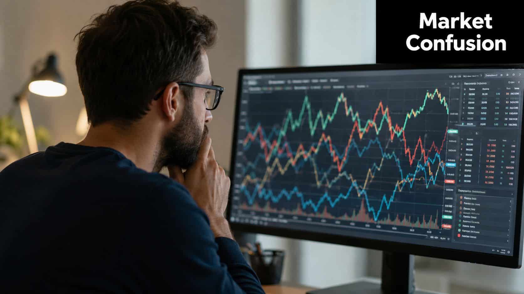 A focused man looking at a complex stock market chart on his computer screen in a dim room.