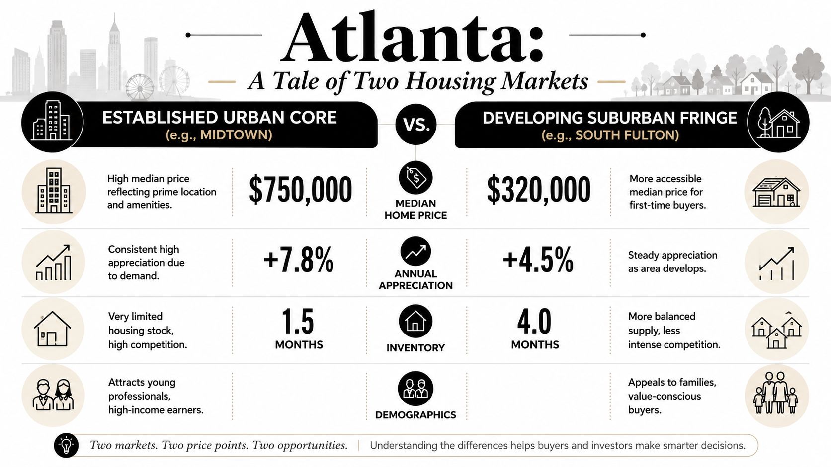 A comparison infographic showing key differences between Atlanta's established urban core and its developing suburban fringe.