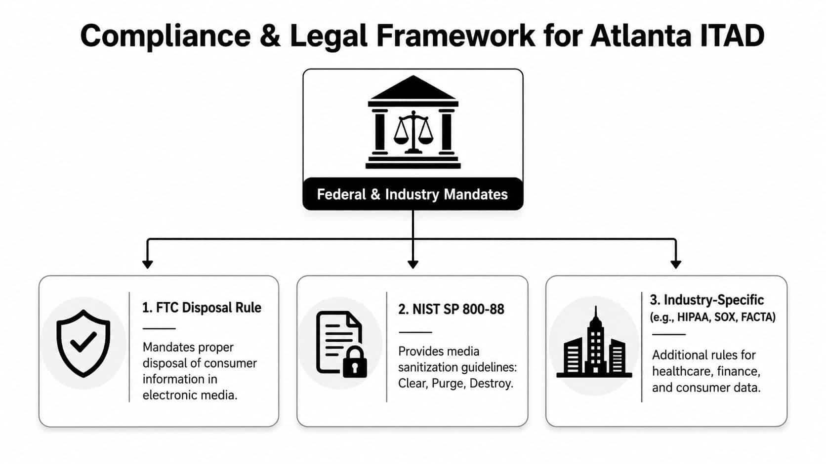 A diagram illustrating the compliance and legal framework for IT asset disposition services in Atlanta.
