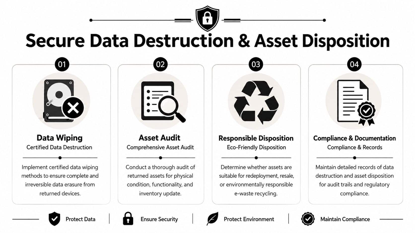 A four-step infographic illustrating a secure data destruction and asset disposition process for retired hardware devices.