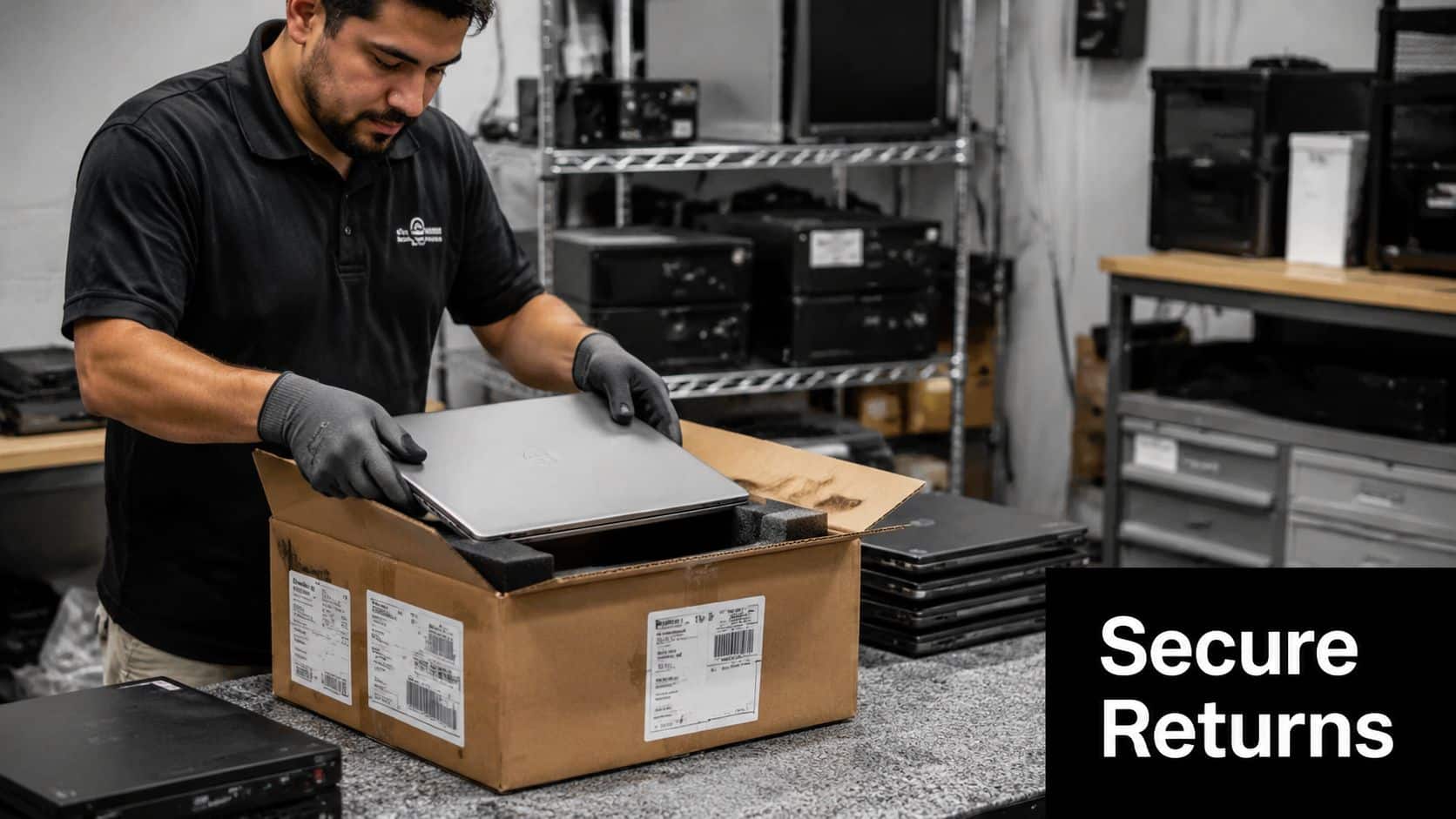 A technician wearing grey gloves places a laptop into a shipping box for secure return process.