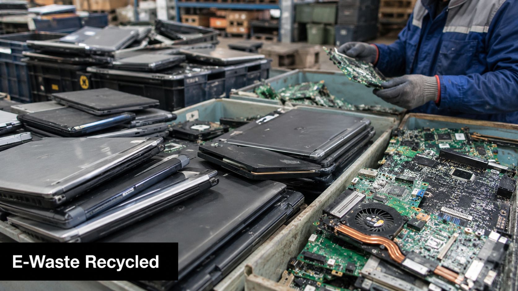 An industrial facility worker sorting through old laptops and discarded electronic circuit boards for recycling purposes.