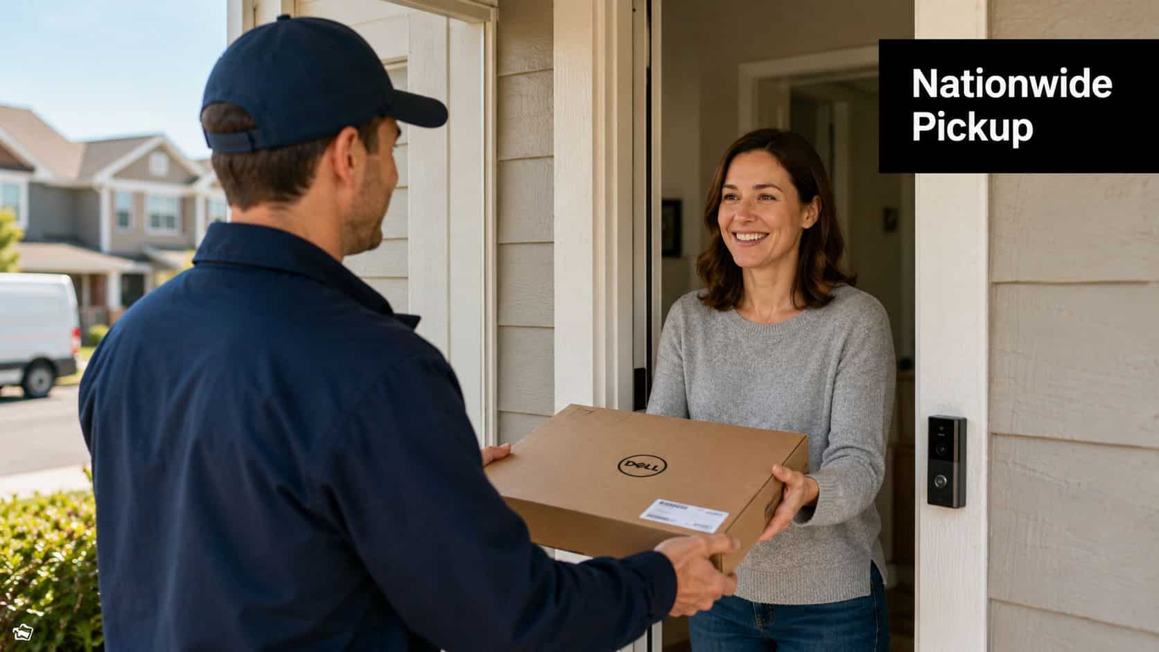 A delivery driver hands a Dell laptop box to a smiling woman at her front door.