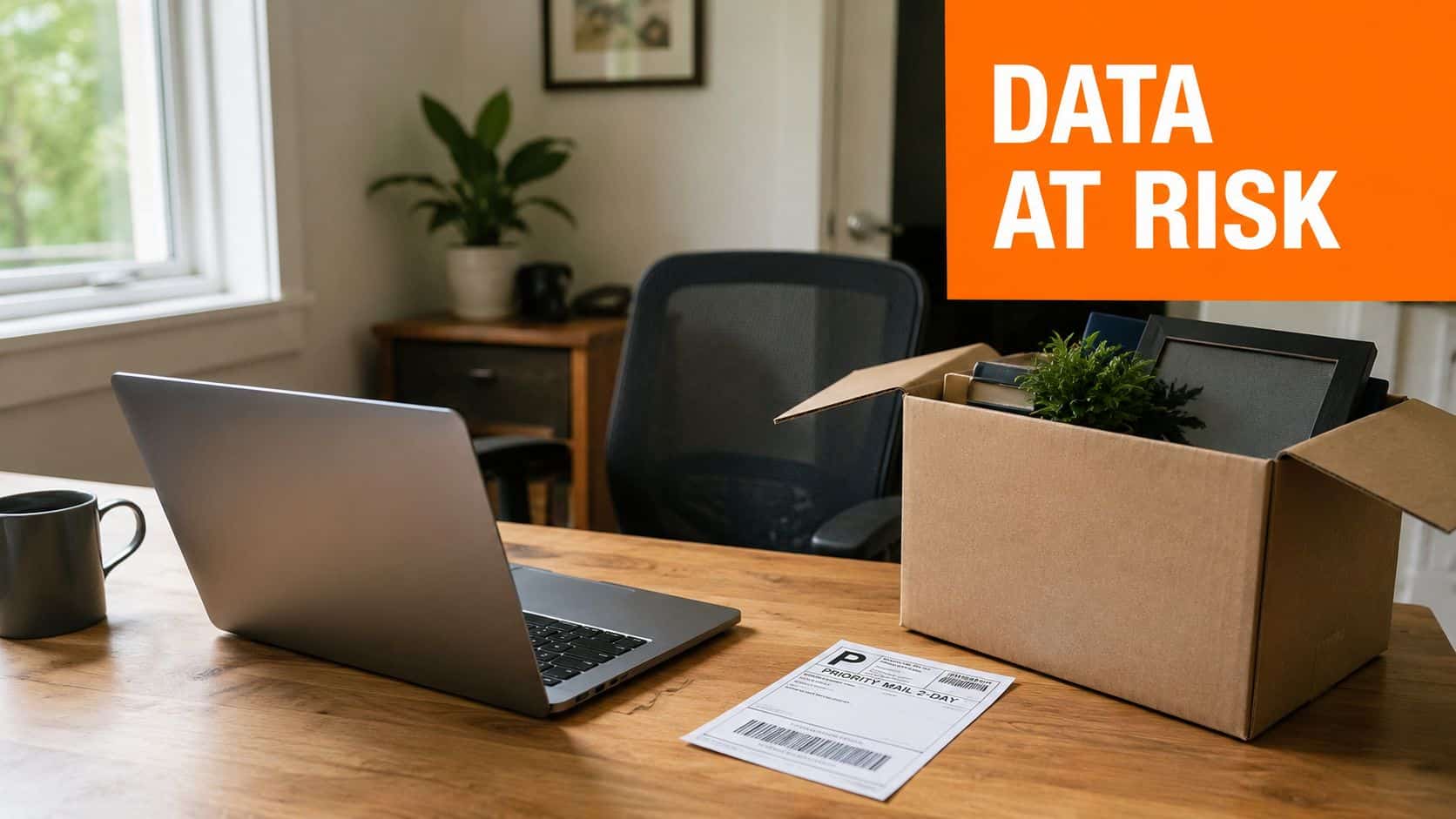 A laptop and an empty cardboard shipping box sitting on a wooden desk, symbolizing remote employee offboarding.