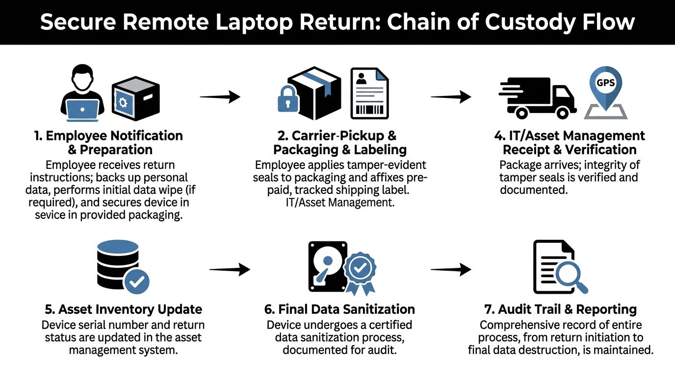 A process flow chart illustrating the seven steps for secure remote laptop return chain of custody.