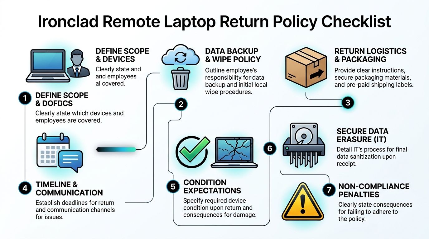 A seven-step checklist infographic outlining best practices for companies managing remote employee laptop returns securely.