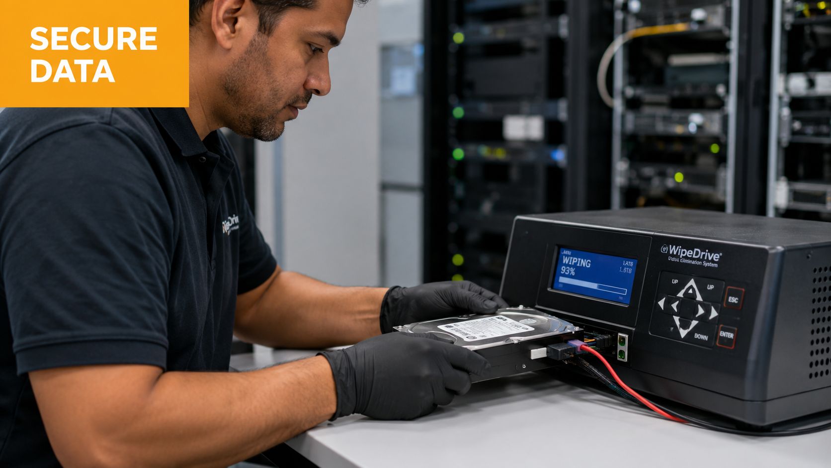 A technician wearing black gloves processes a hard drive using a WipeDrive data elimination machine in a server room.