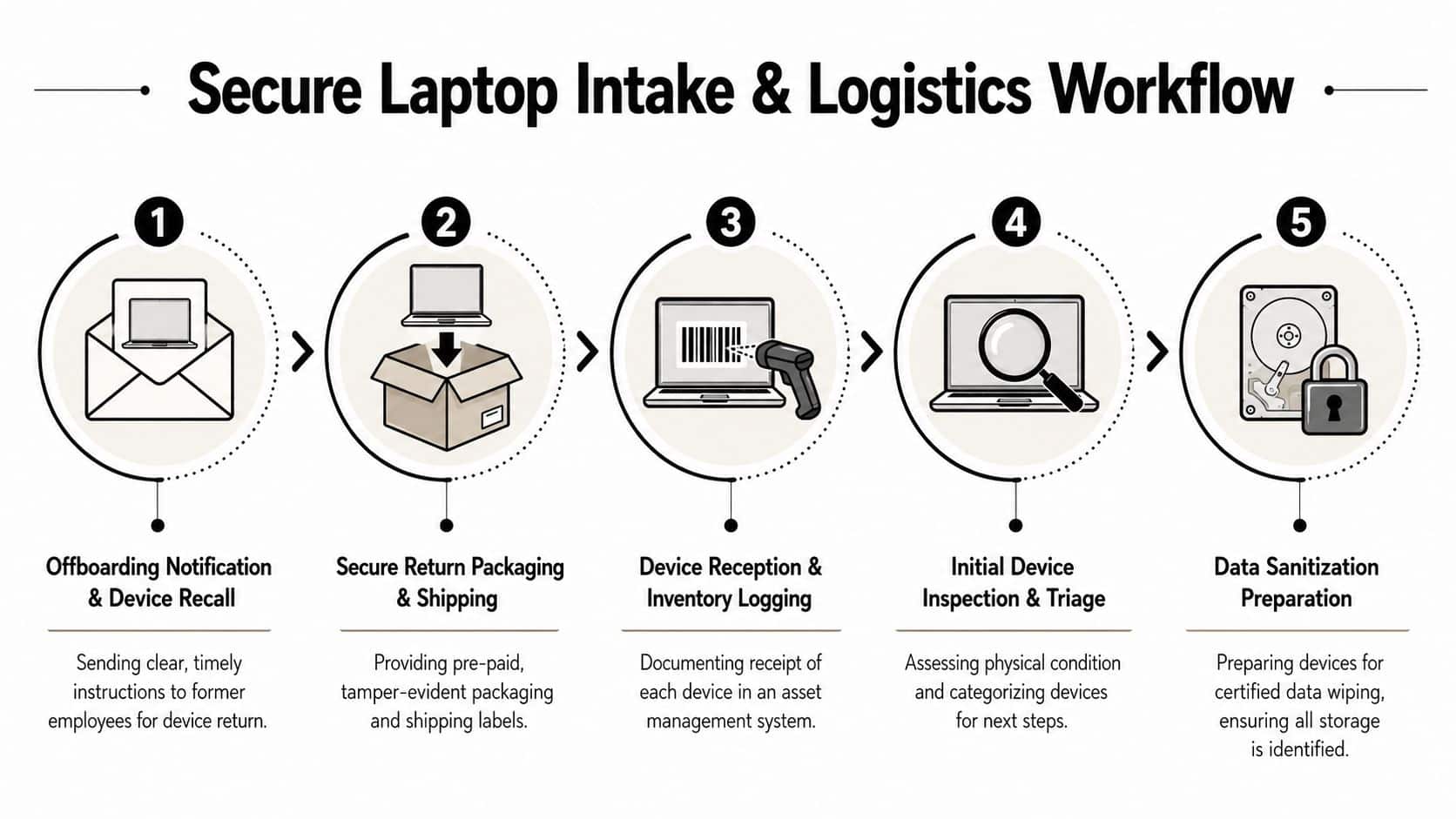 A five-step flowchart illustrating the secure workflow for returning, inspecting, and sanitizing corporate employee laptops.