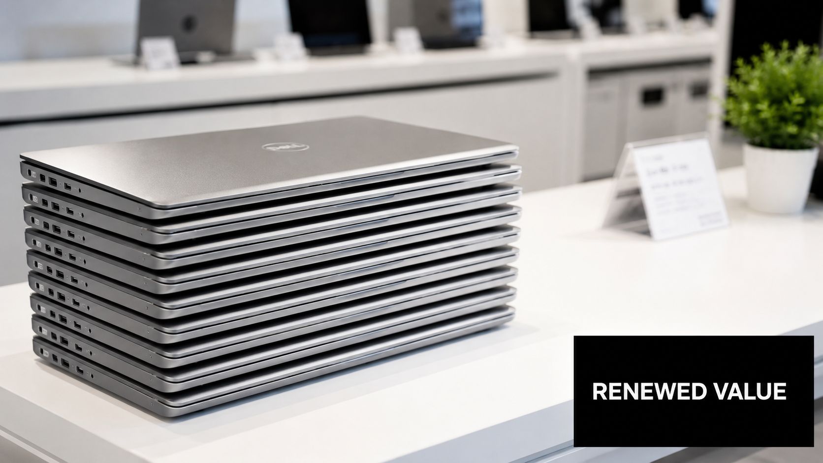 A stack of silver Dell laptops displayed on a clean white table in a retail store.