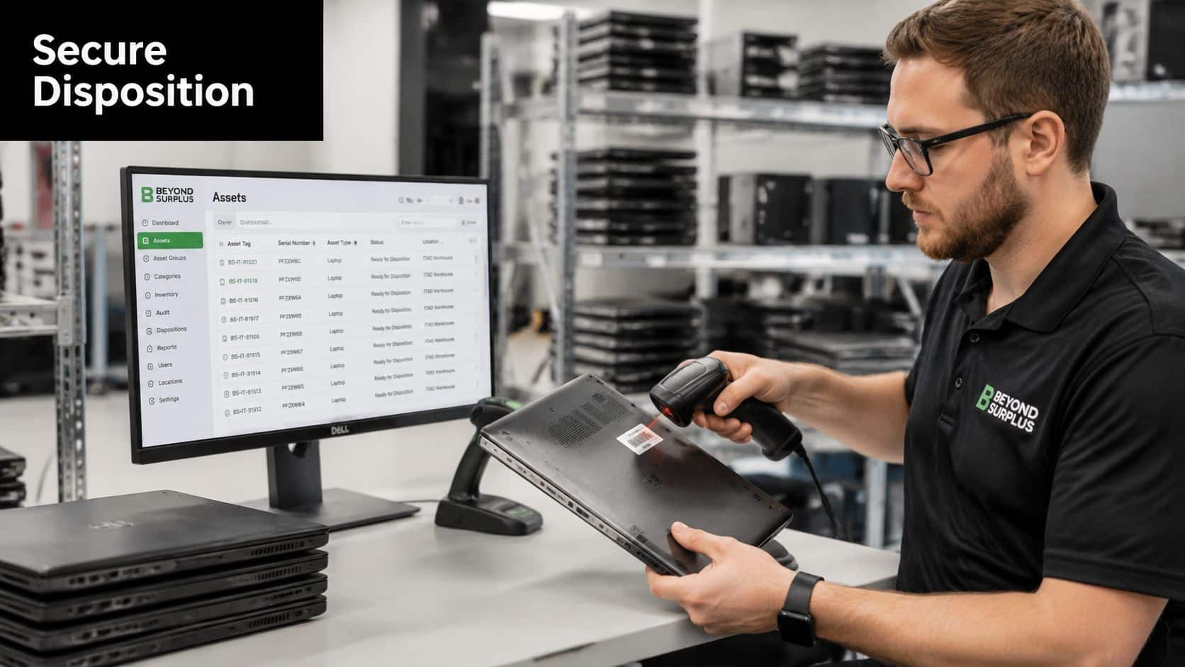 A technician scanning a laptop asset tag in an IT warehouse to record its disposition and inventory.