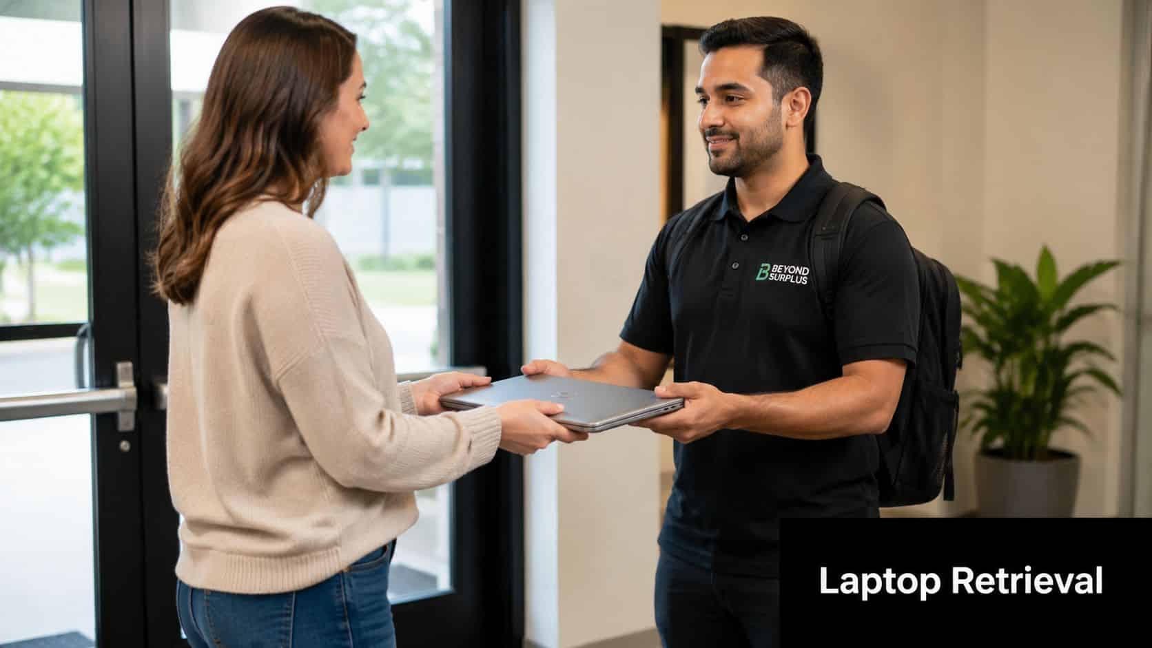 A professional man receives a closed laptop from a woman in an office environment setting.