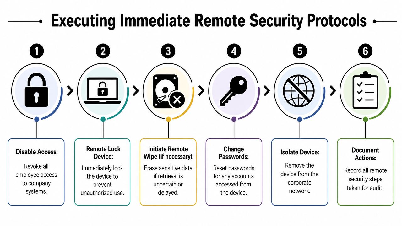 A flowchart showing six steps for executing immediate remote security protocols for company devices.