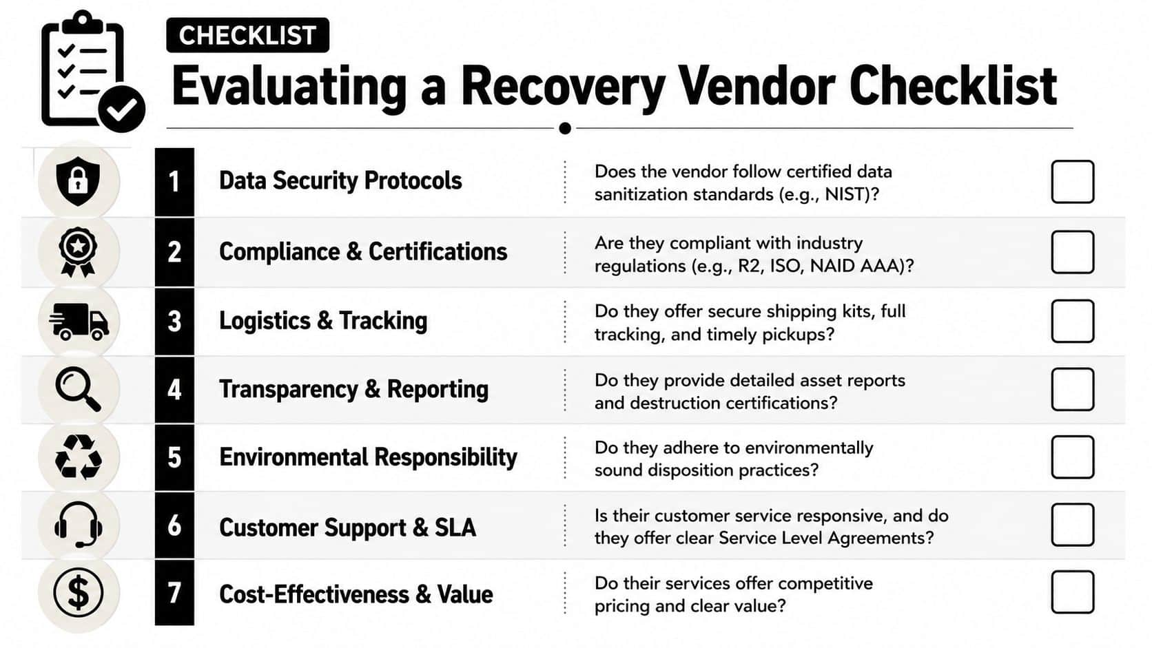 A checklist for businesses to evaluate the security and reliability of IT asset recovery vendors.