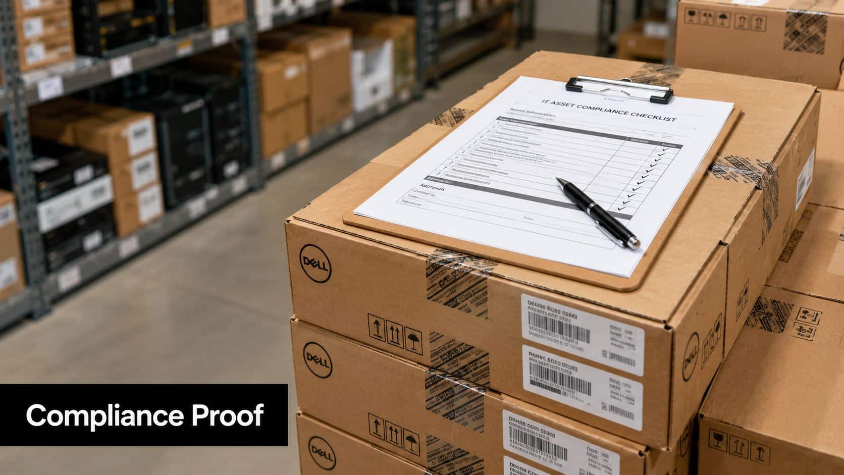 A clipboard with an IT asset compliance checklist rests on top of stacked Dell cardboard shipping boxes.