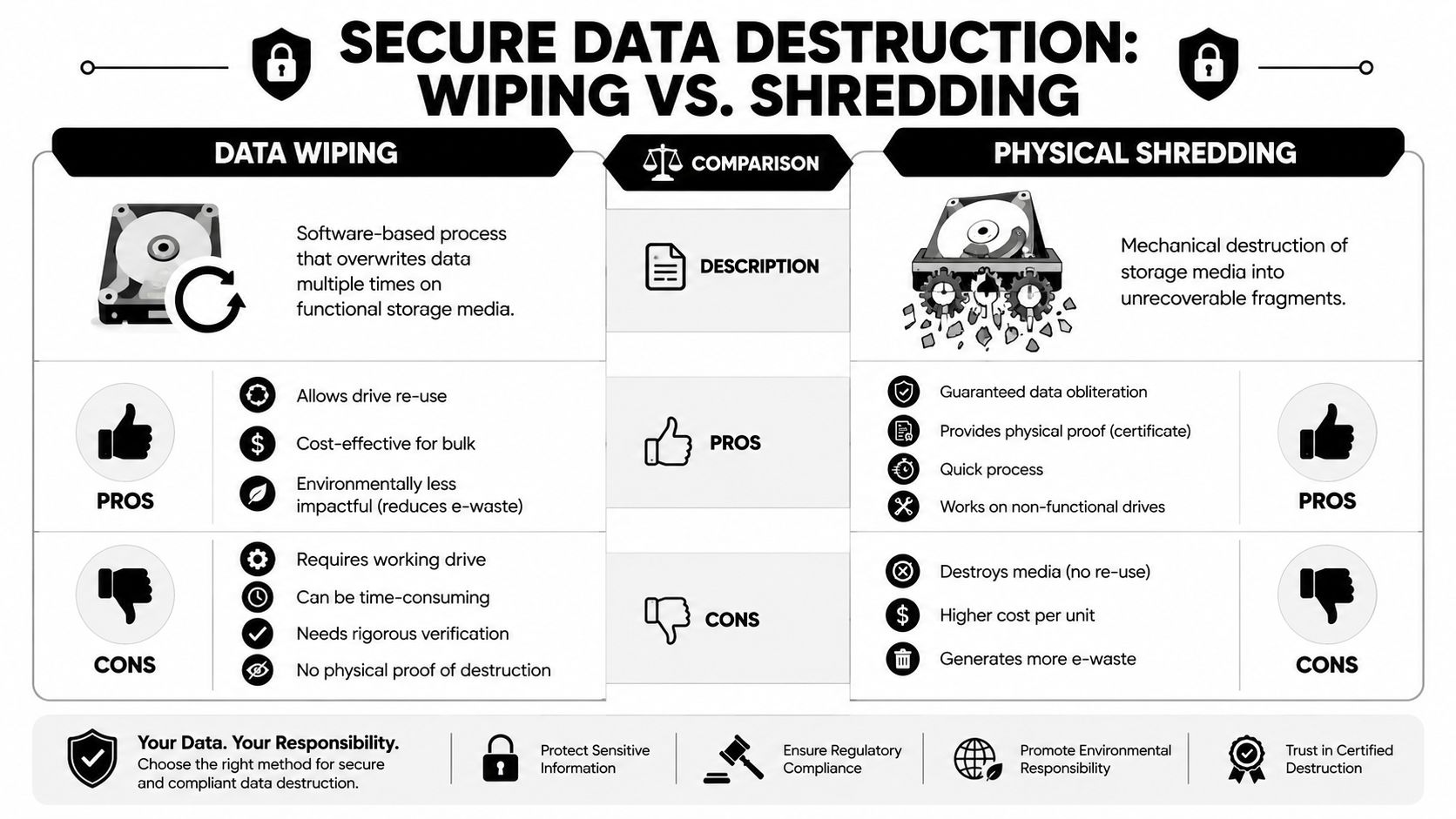 A comparison infographic between data wiping and physical shredding for secure IT asset data destruction methods.