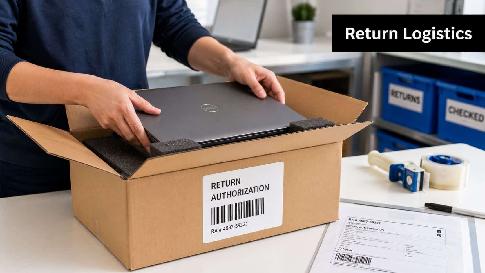 A person carefully packing a laptop into a shipping box labeled with a return authorization number.