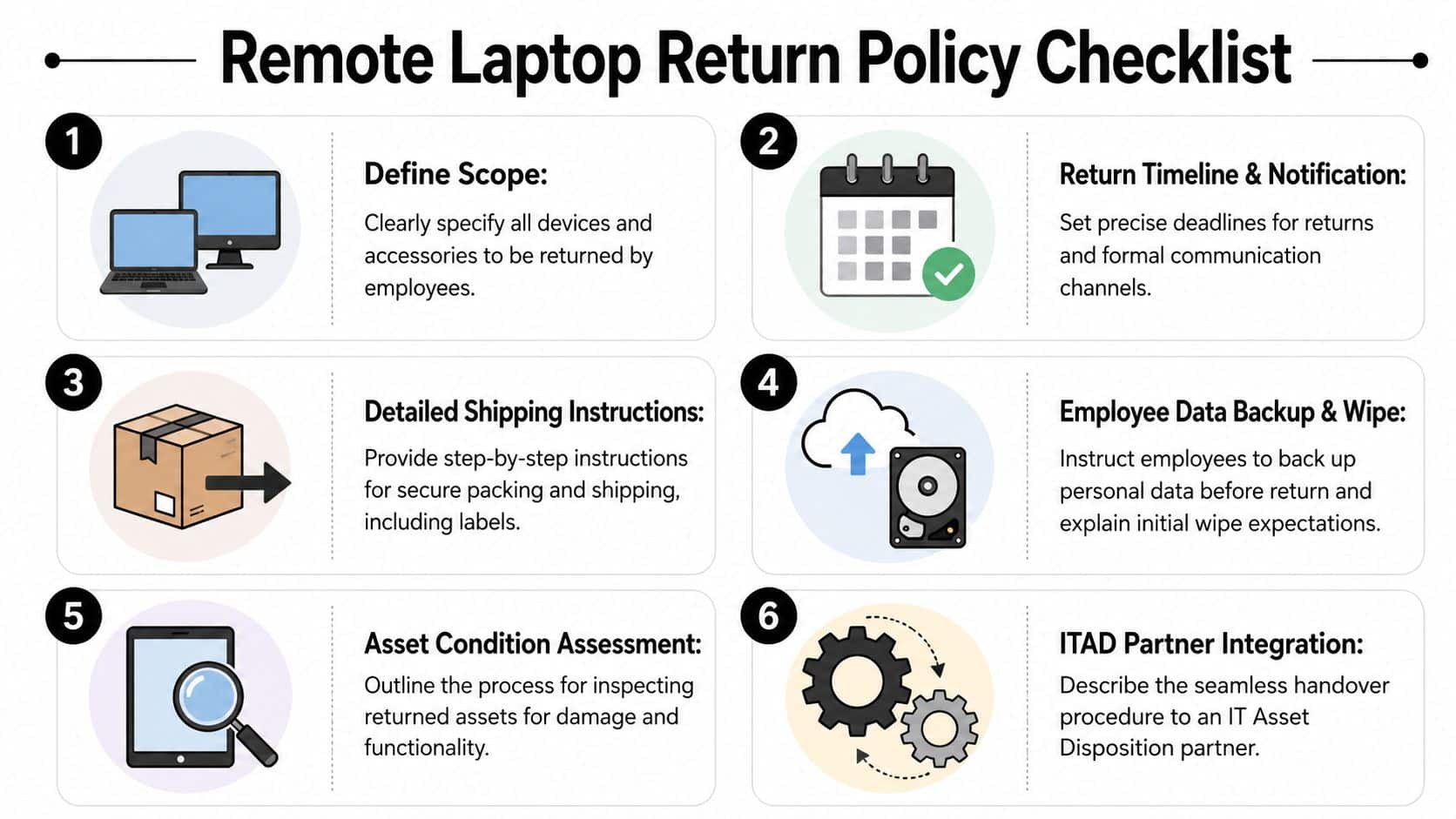 A six-step infographic checklist for organizations to manage the return of laptops and IT equipment from remote employees.