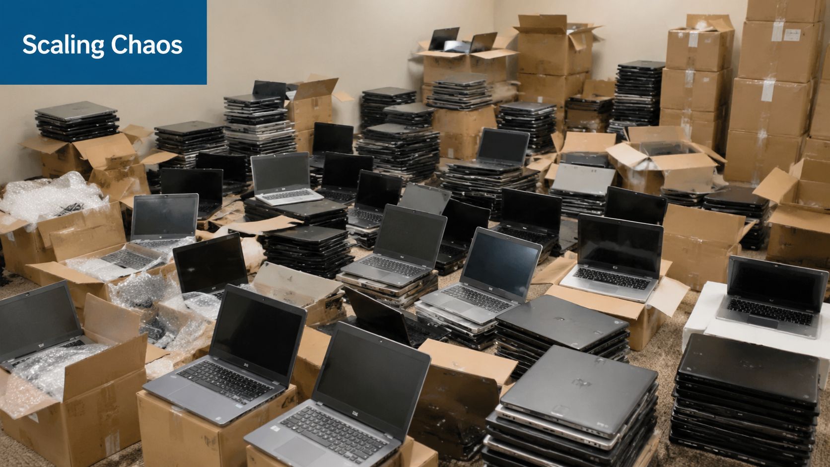 A chaotic storage room filled with numerous laptop computers stacked in cardboard boxes and on the floor.