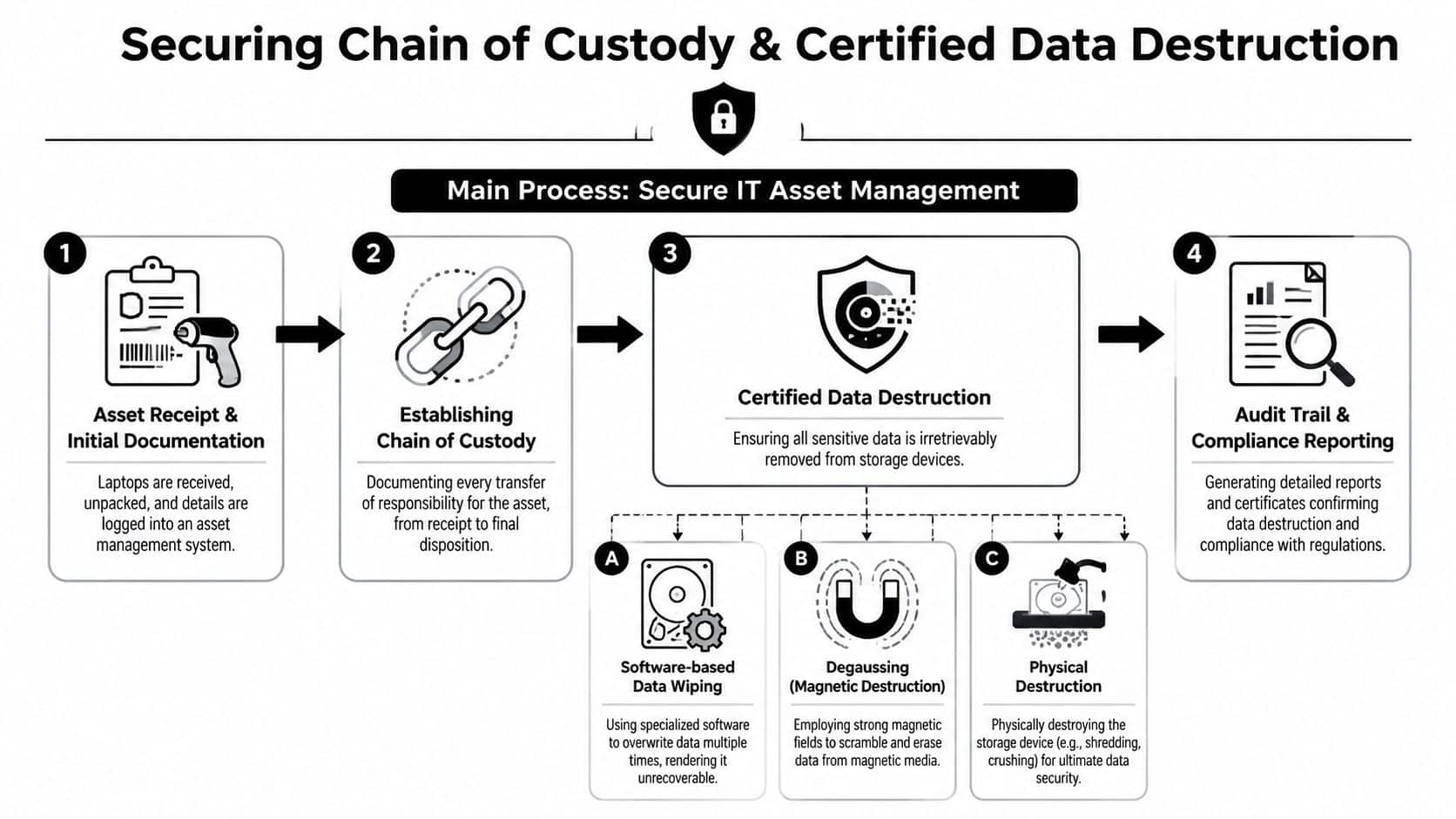 A flow chart illustrating the four-step process for secure IT asset management and certified data destruction.