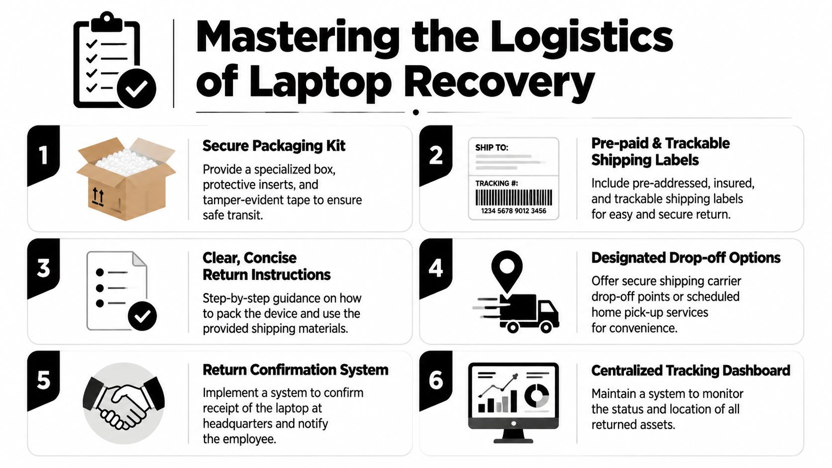 An infographic outlining six key steps for effectively managing corporate laptop recovery from remote employees.