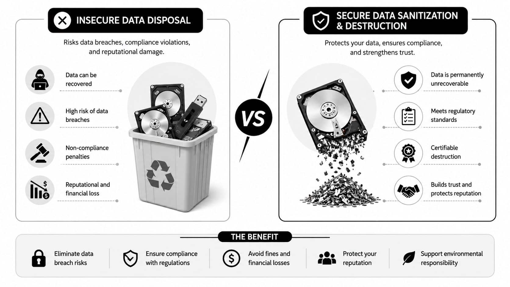 A comparative infographic showing risks of insecure data disposal versus the benefits of secure data destruction.