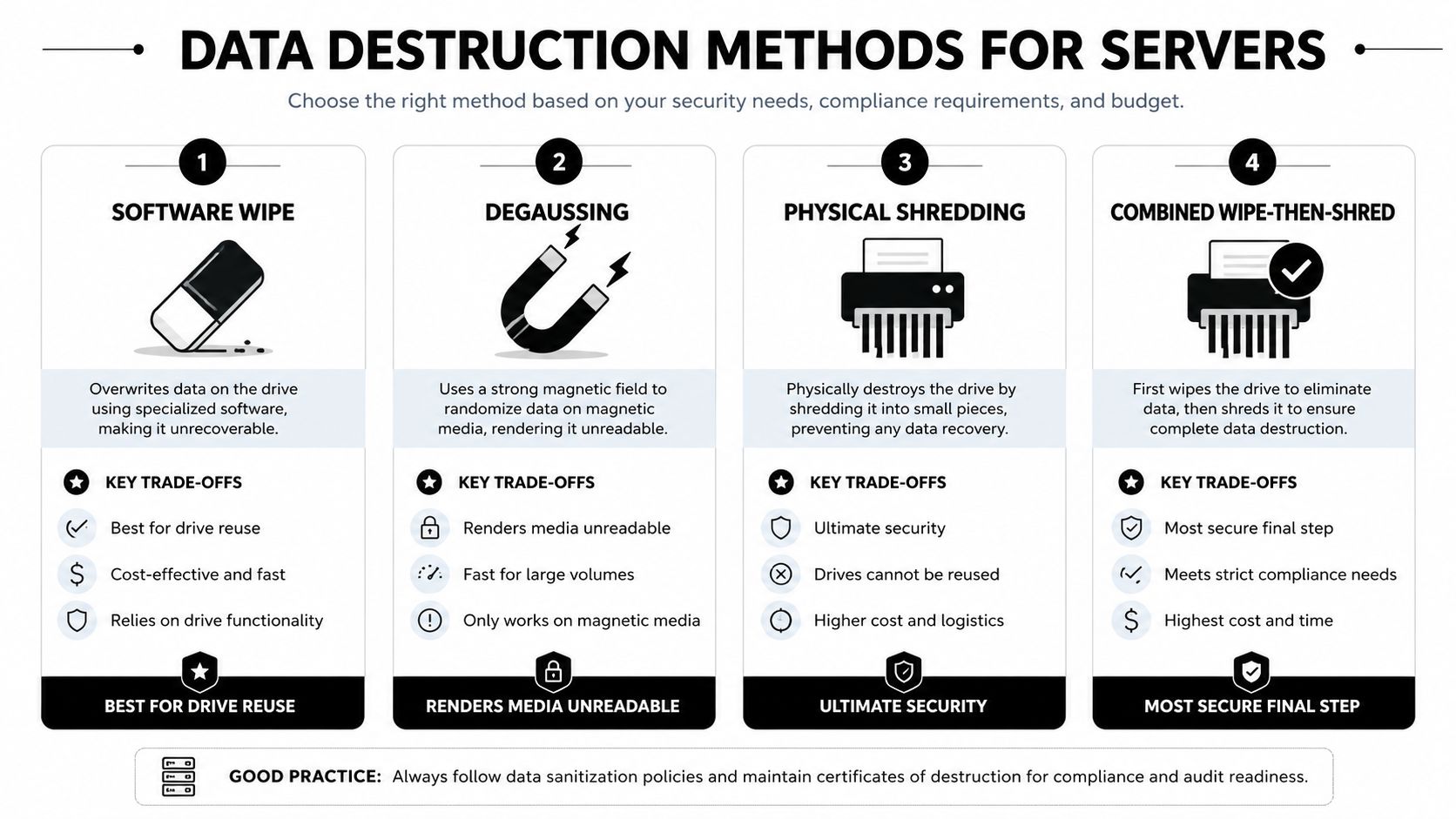 An infographic detailing four data destruction methods for servers including software wiping, degaussing, physical shredding, and combined processes.