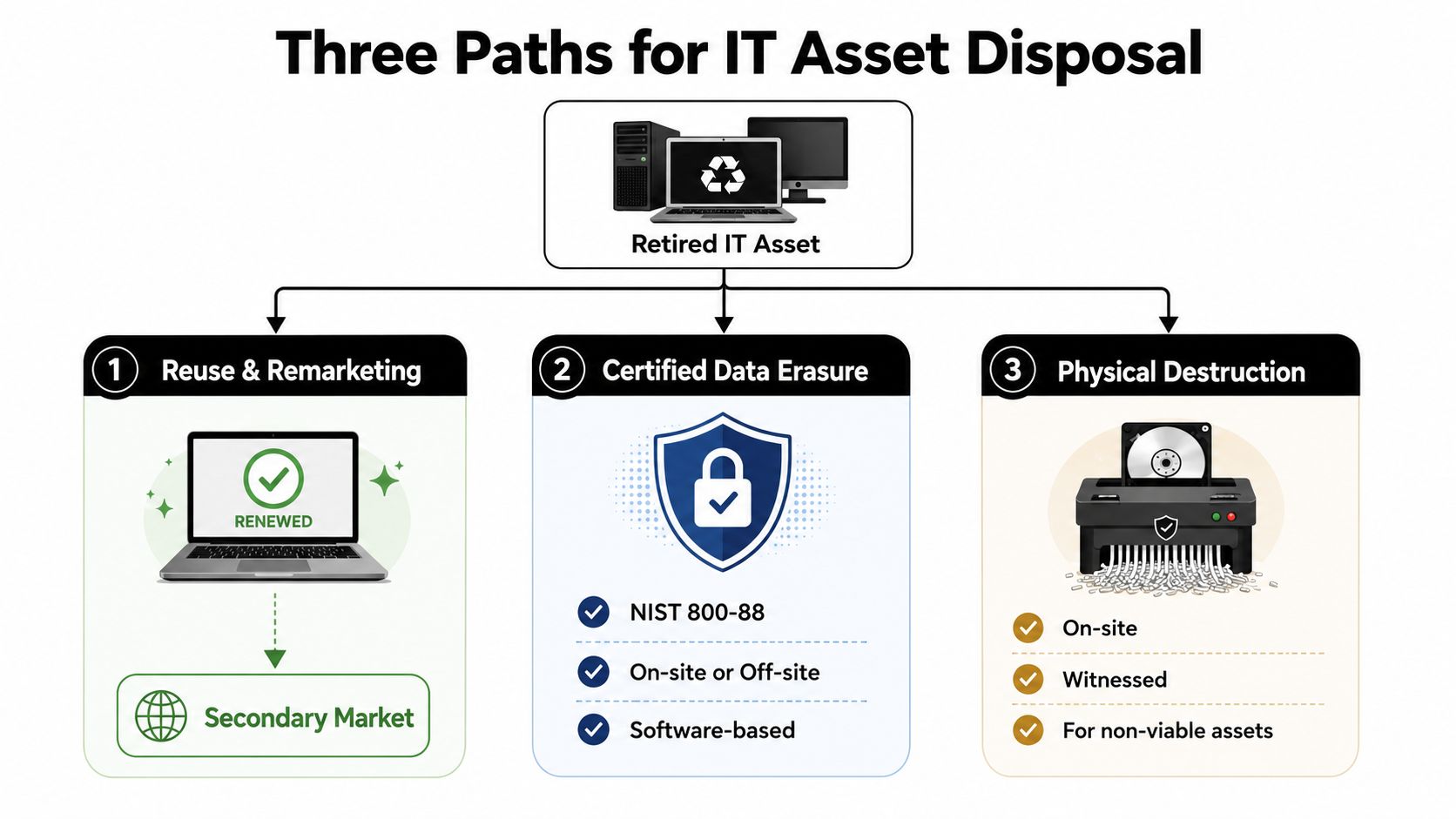 An infographic outlining the three main paths for retiring IT assets: reuse, certified data erasure, and physical destruction.