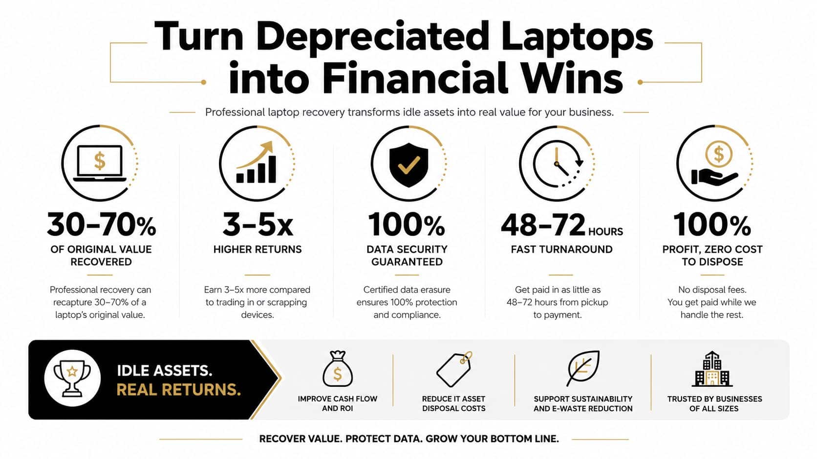 An infographic illustrating how professional laptop recovery services turn depreciated business assets into financial gains.