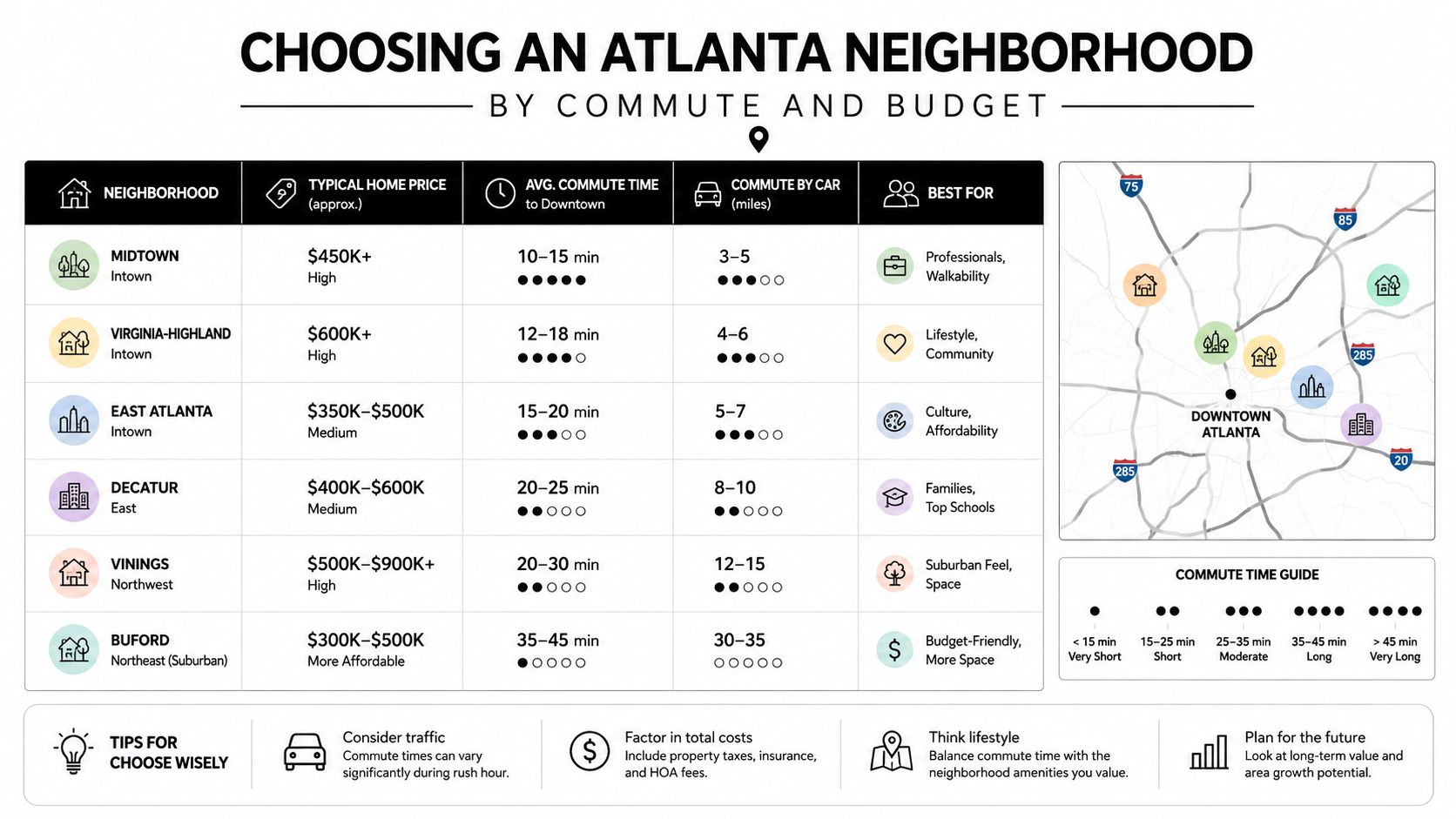 A comparison chart of popular Atlanta neighborhoods detailing home prices, commute times, distances, and community lifestyles.