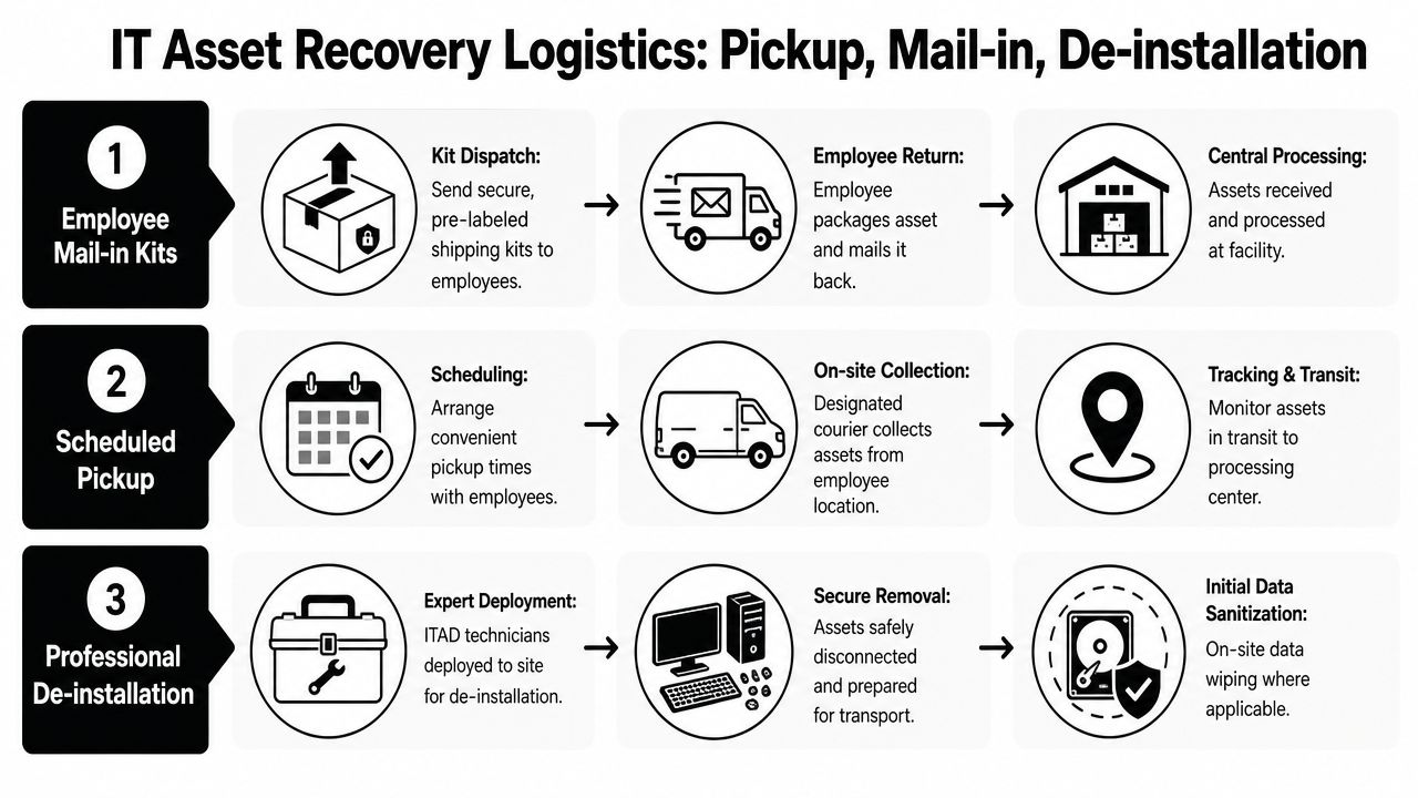 A flowchart diagram illustrating three methods for IT asset recovery including mail-in kits, scheduled pickup, and professional de-installation.