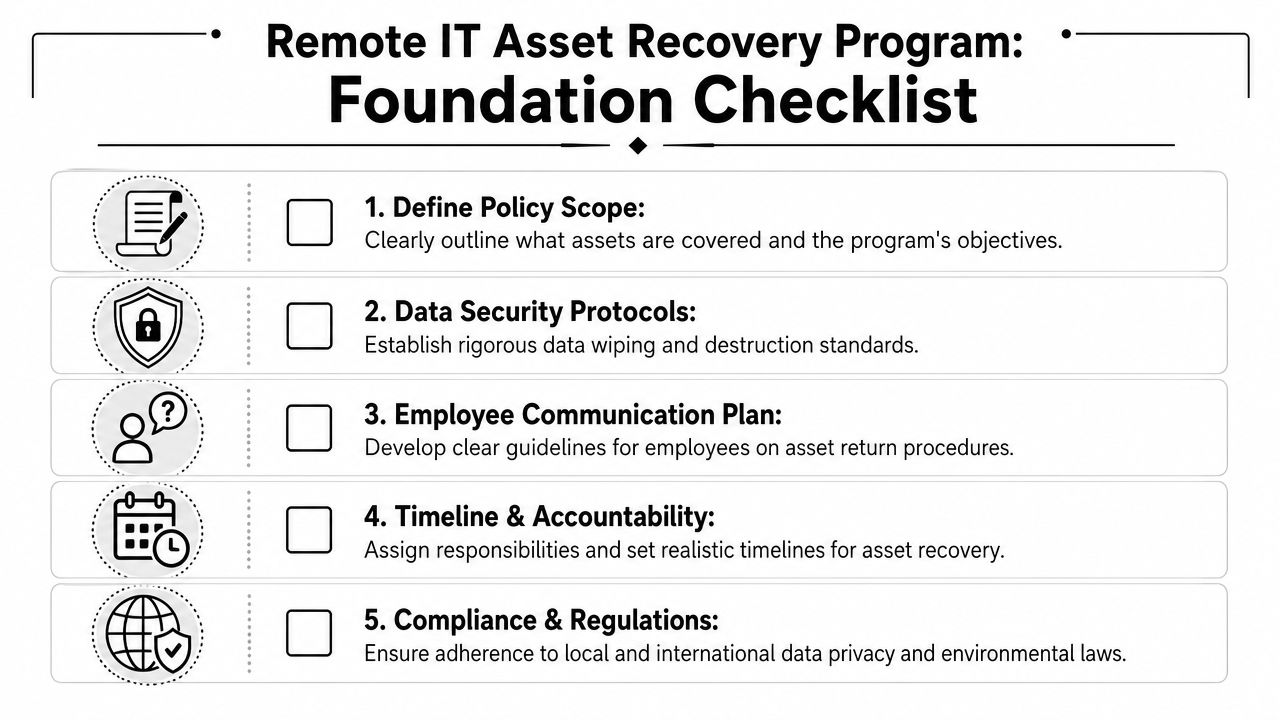 A five-step checklist for a remote IT asset recovery program including policy, security, communication, timeline, and compliance.