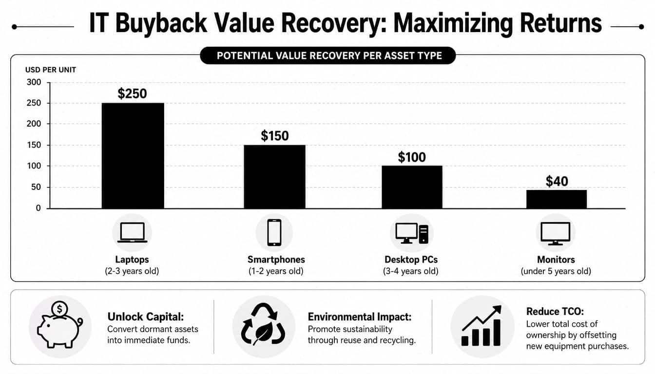 A bar chart illustrating potential IT buyback value recovery per unit for laptops, smartphones, desktops, and monitors.