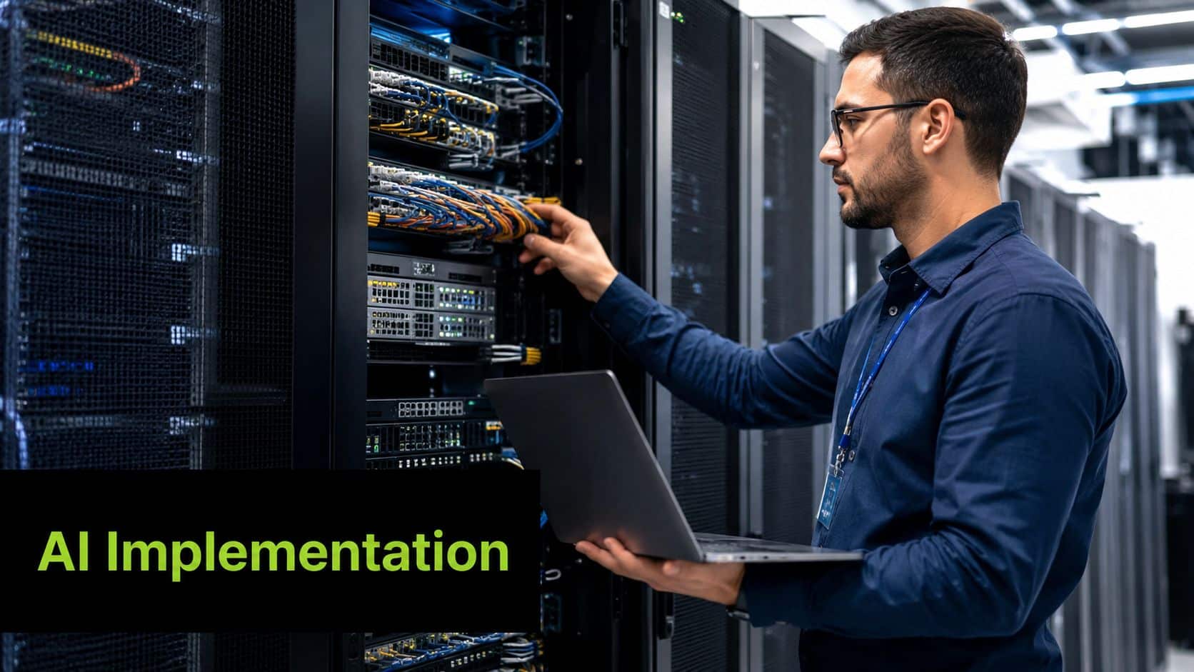 A professional IT technician monitoring server infrastructure in a data center for artificial intelligence implementation.