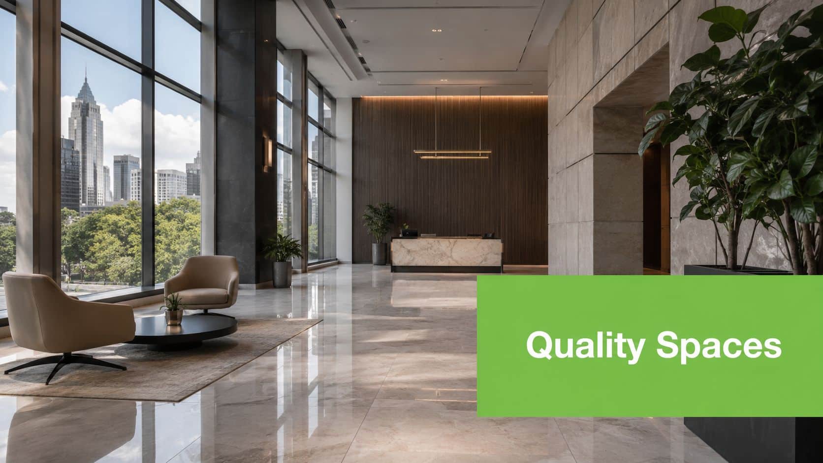 A modern and luxurious office lobby featuring marble floors, floor-to-ceiling windows, and a sophisticated reception desk.