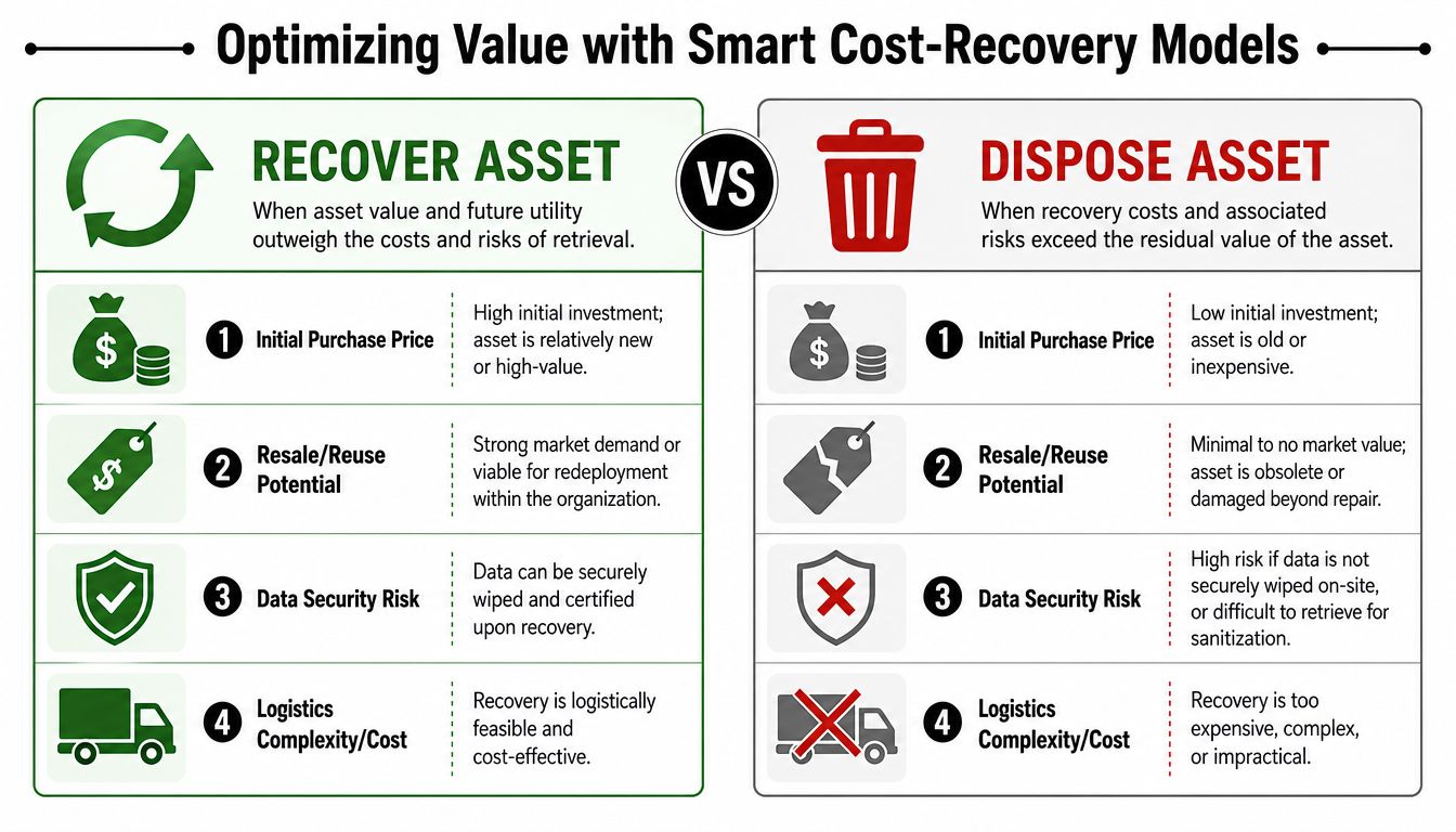 A comparison chart highlighting the decision-making process between recovering or disposing of corporate IT assets.