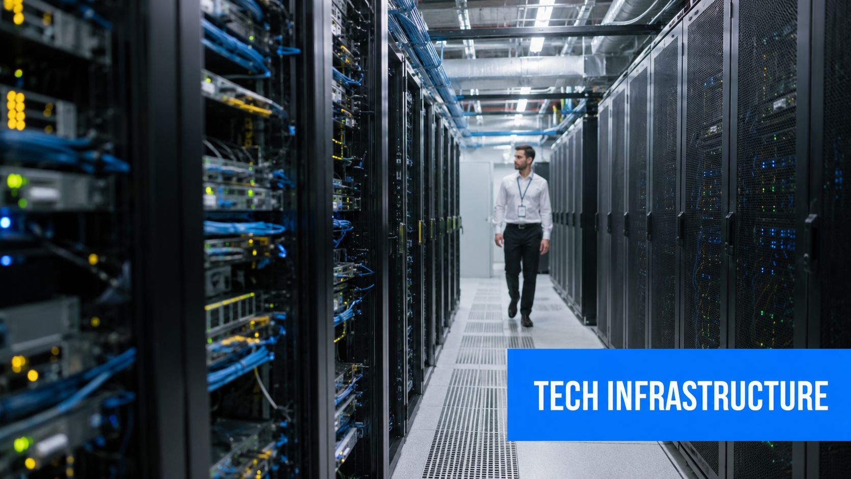 A professional technician walking down the aisle of a modern, well-lit server room facility.